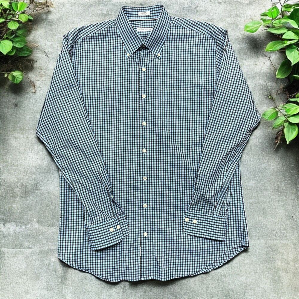 Peter Millar Regular Fit Checkered Baby Blue Brown Button Down Shirt Mens Large